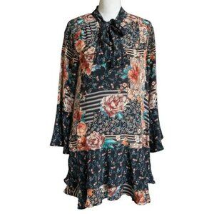 Tolani Silk Mini Dress Tie Neck Patchwork Indie Tier Skirt Boho Floral Ruffle